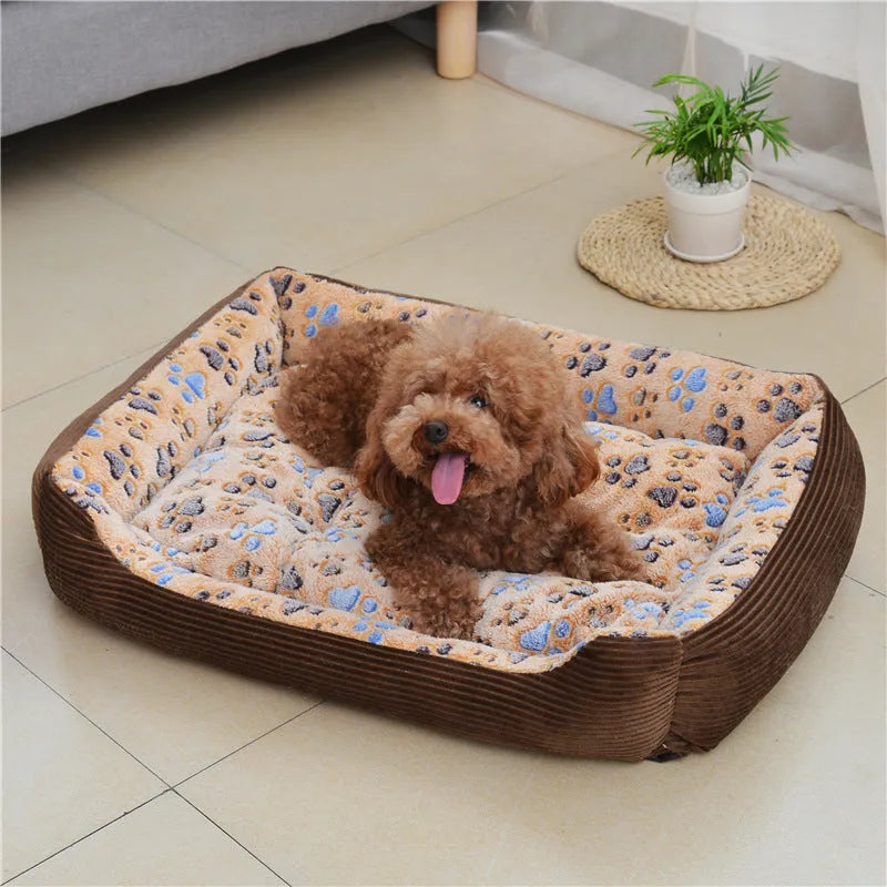 Plush pet bed mat for small dogs and cats showing size options and colour variations