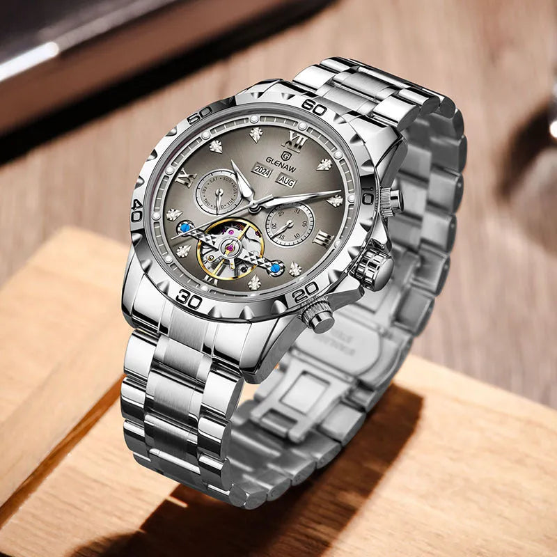 Men's automatic mechanical watch with stainless steel strap in silver and blue colour combination