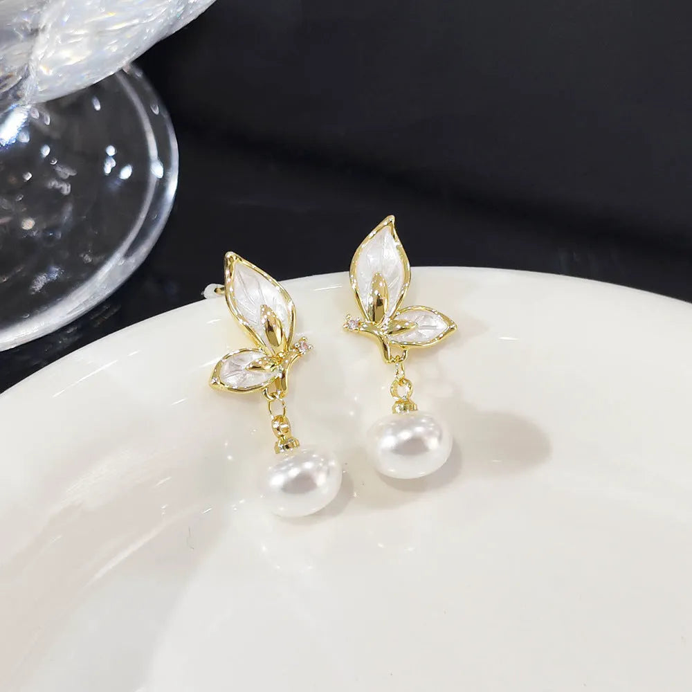 Women's butterfly earrings with zircon painting on copper, electroplated gold tone finish