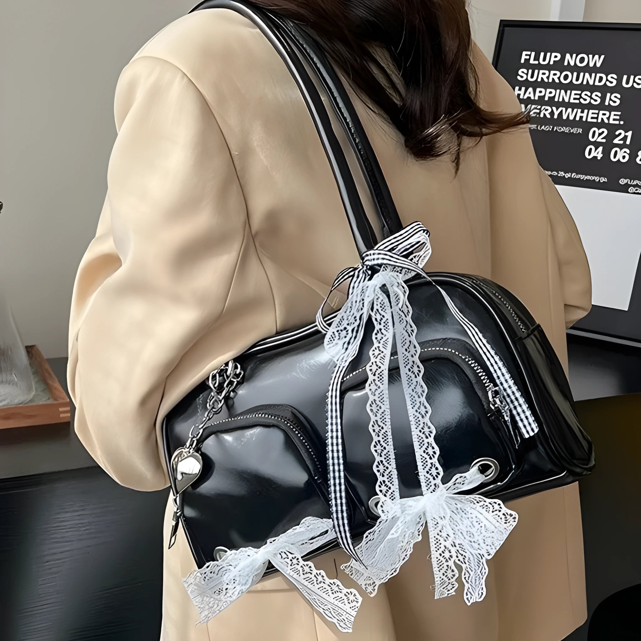 Large beige PU casual shoulder bag with double straps and horizontal square shape