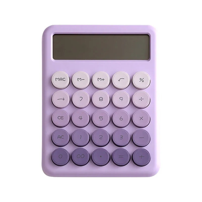 Solar-powered desktop calculator with a violet and white gradient colour design on a desk.