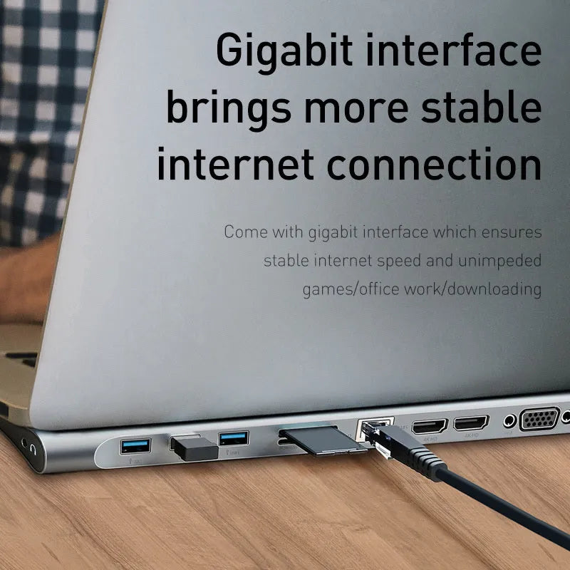 Grey aluminium alloy 10 port USB C hub docking station with cooling bracket for HDMI VGA network conversion