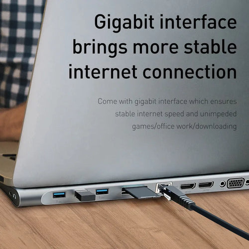 Grey aluminium alloy 10 port USB C hub docking station with cooling bracket for HDMI VGA network conversion