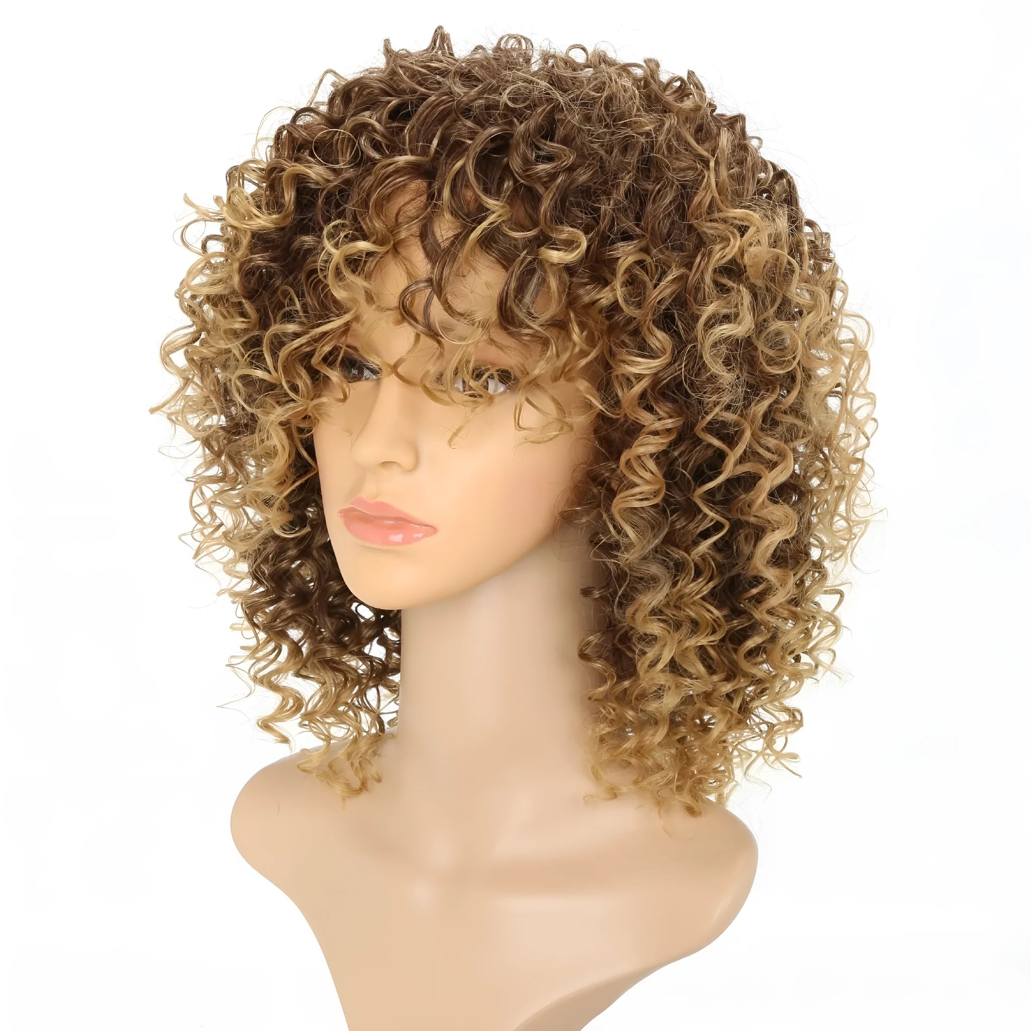 Front lace headband wig with light gold curly hair and elastic mesh inner cap