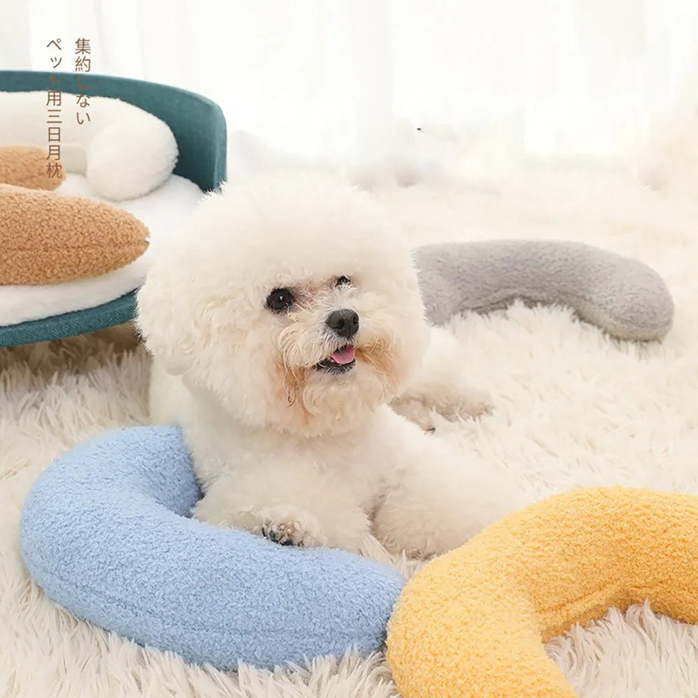 U-shaped blue cat pillow with adjustable collar for cervical protection and support