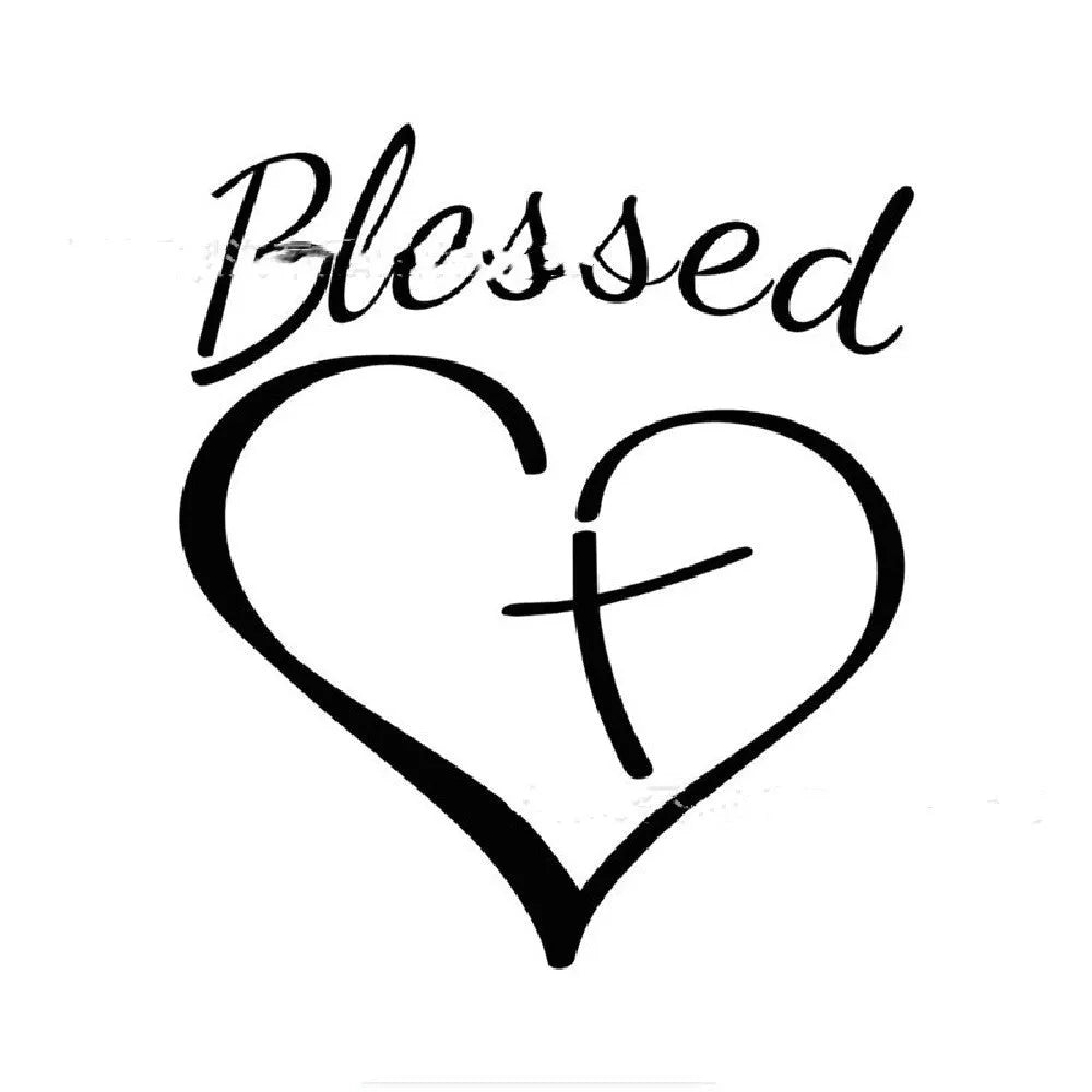 Faith Hope Love lettering with a heart symbol on a black decorative sticker measuring 14 by 11.5 centimetres.