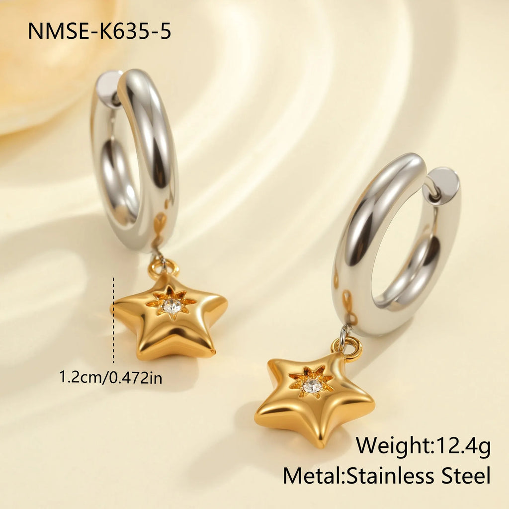 Women's stainless steel Christmas tree earrings with 18K electroplated finish showing heart and star shapes