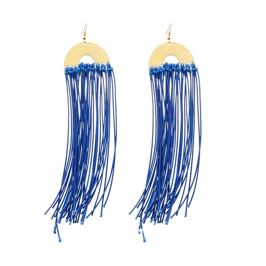 Geometric women's earrings with cloth construction, silver needle and blue resin flower accents