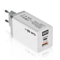 White Gallium Nitride 65W universal laptop charger showing UK, EU, and US plug heads, with USB-C port.