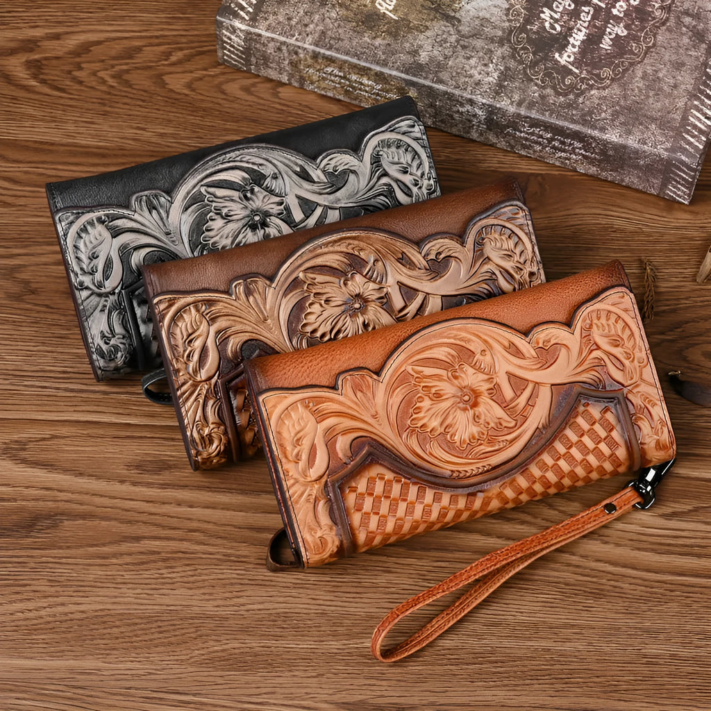 Retro brown women's tri-fold wallet with an embossed Chinese floral pattern, showing card slots and a coin compartment.