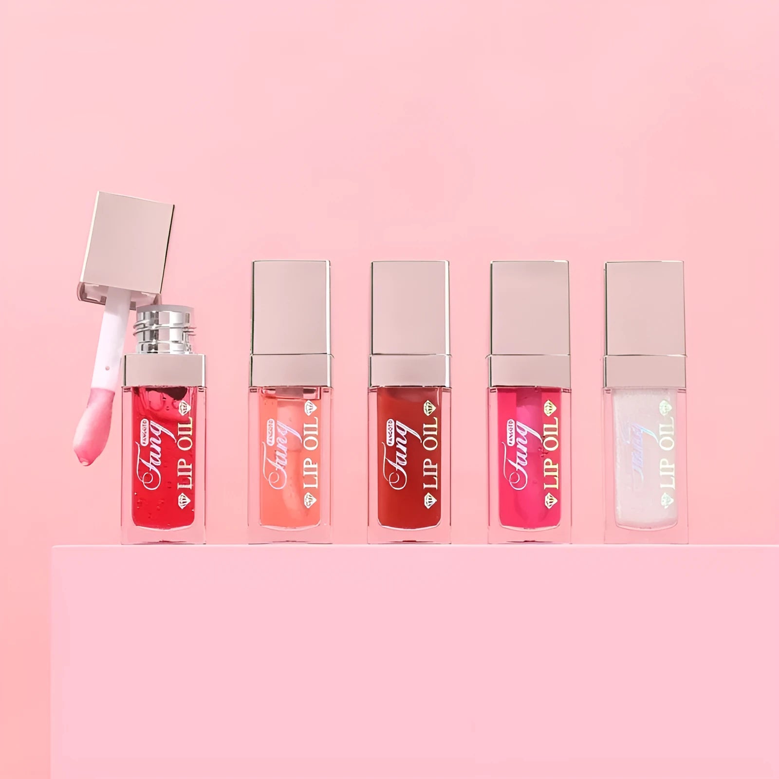 5-colour lip gloss mint lipstick set showing shades Style001 Style006 Style007 Style012 Style015