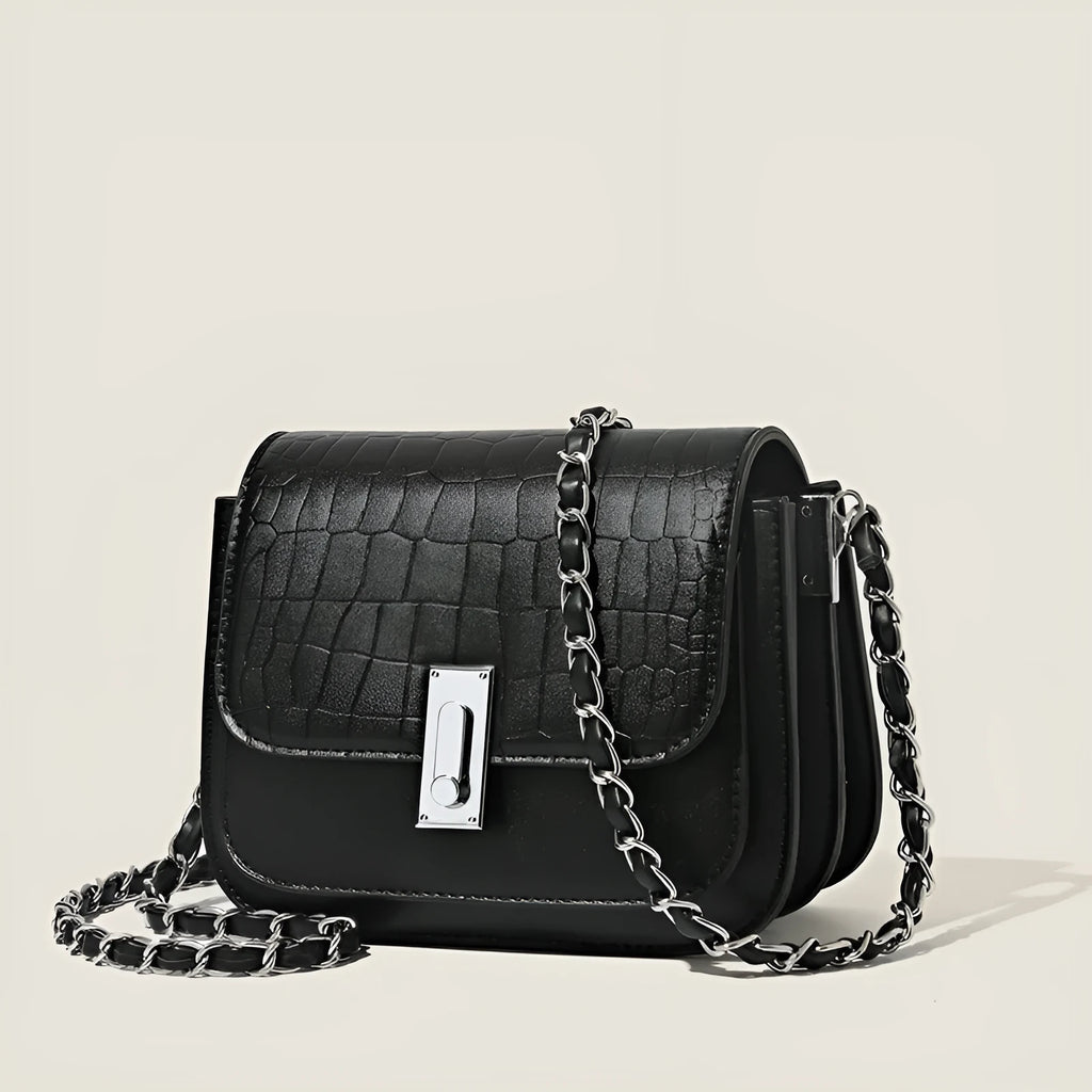Soft black PU leather women's chain shoulder bag with cross-body strap and sewn detailing