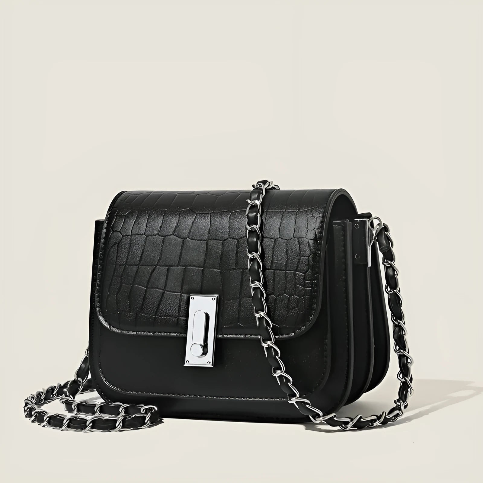 Soft black PU leather women's chain shoulder bag with cross-body strap and sewn detailing