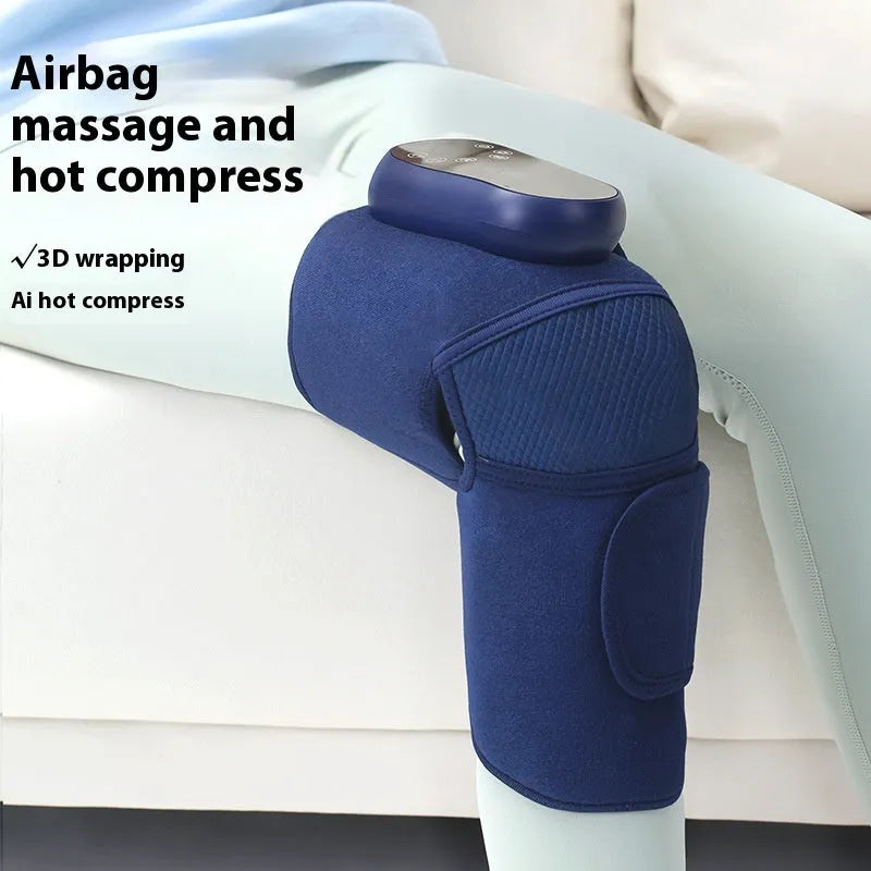 Airbag Blue self-heating knee massager showing wrap-around design for hot compress, vibration, and air pressure functions.
