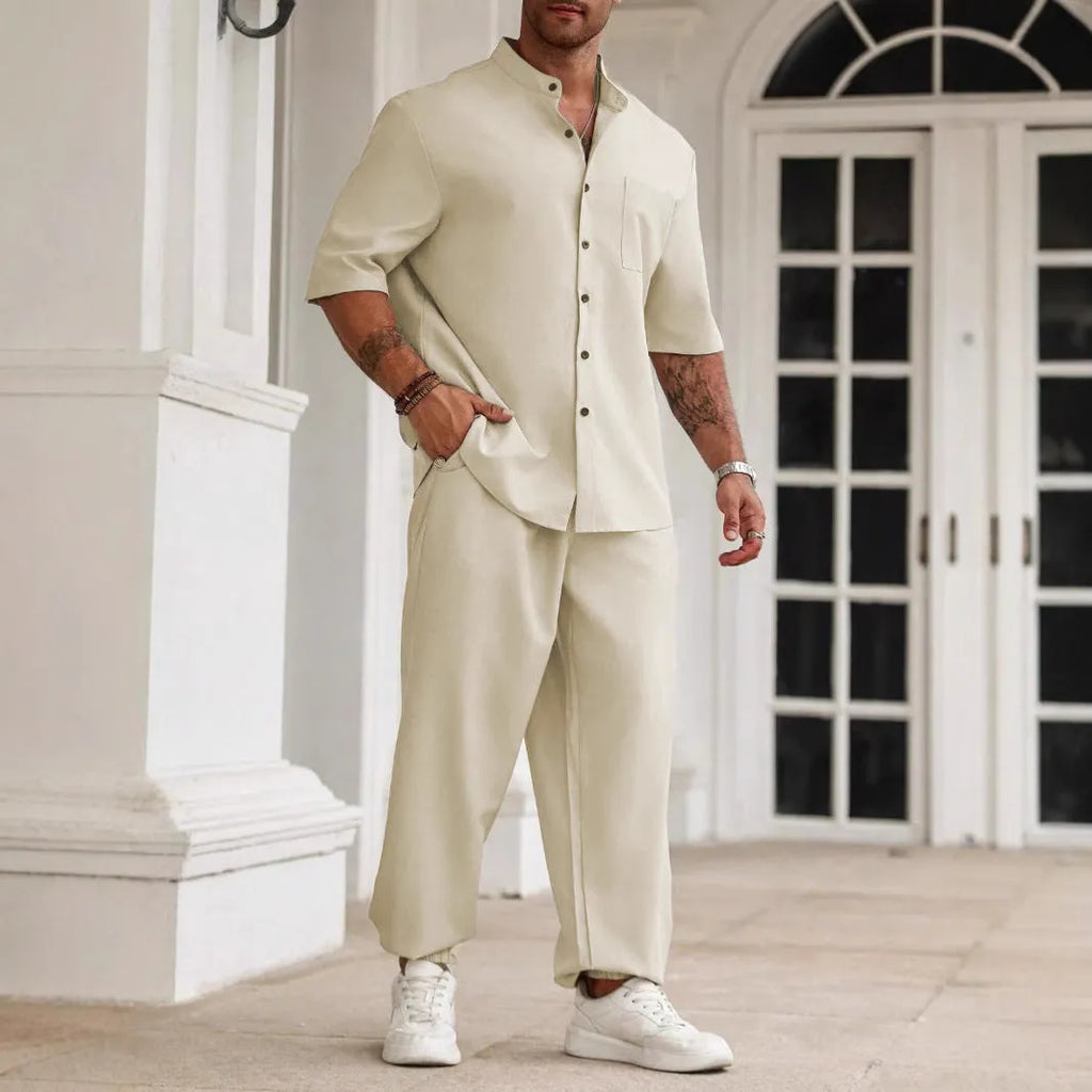 Men's cotton linen casual shirt and trousers set in three colour options with Asian sizing