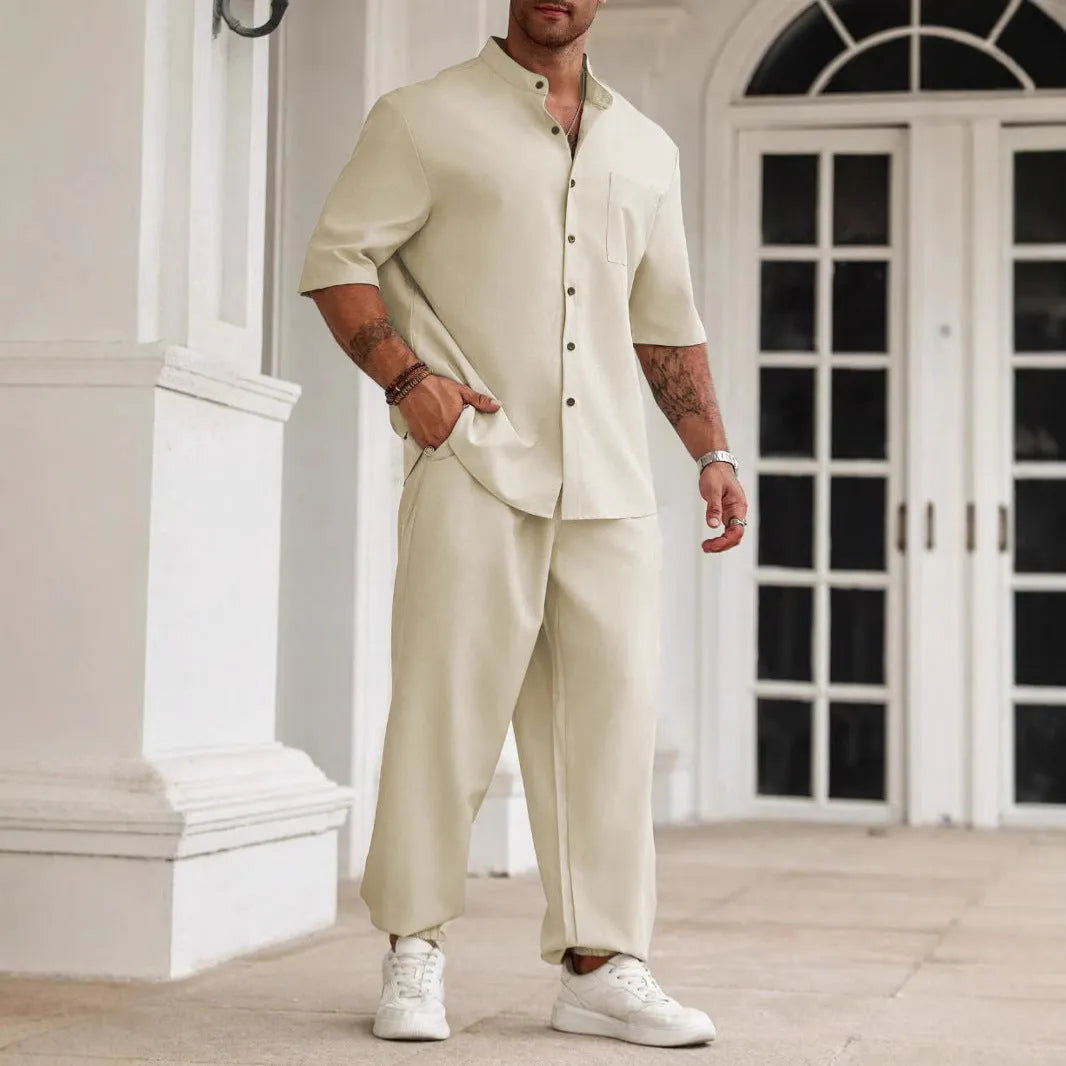 Men's cotton linen casual shirt and trousers set in three colour options with Asian sizing