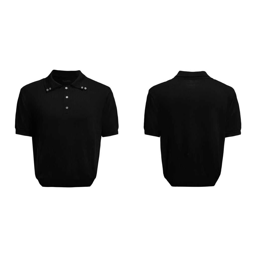 Men's ice feeling knit short sleeve shirt with double collar design in black colour