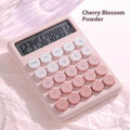 Solar-powered desktop calculator with a violet and white gradient colour design on a desk.