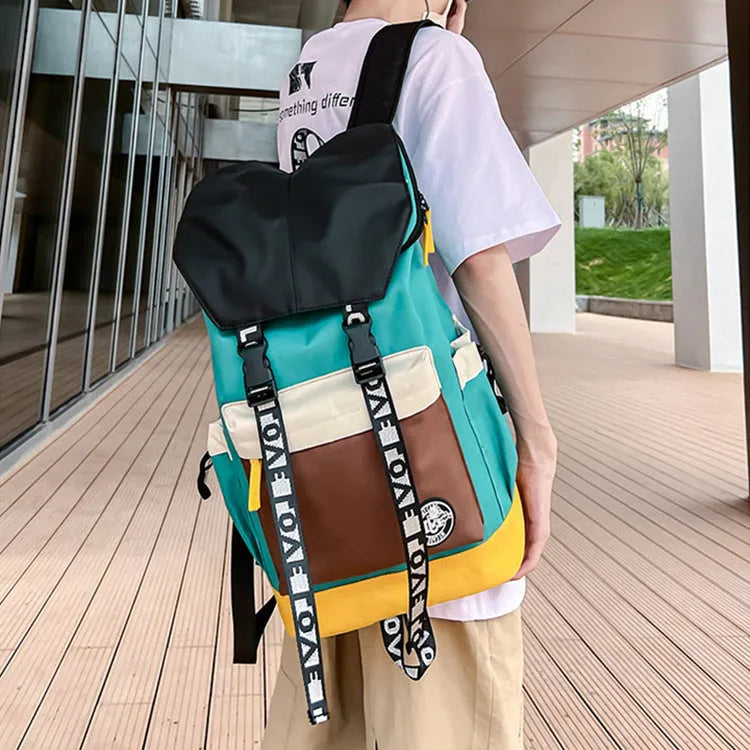 Oxford cloth backpack in black green or red colours showing dimensions and three carrying options