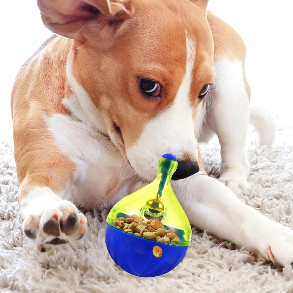 Blue tumbler-shaped pet treat dispenser ball for dogs and cats