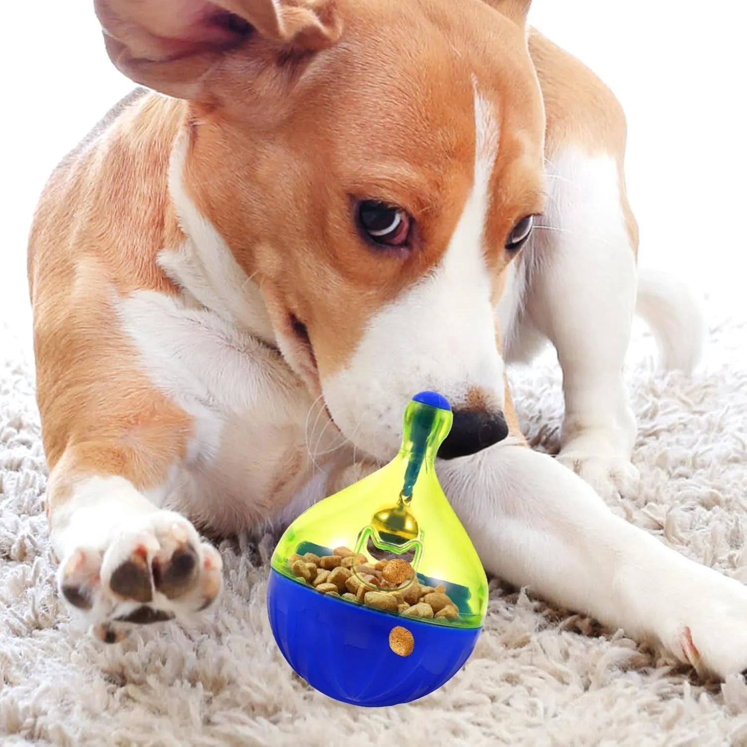 Blue tumbler-shaped pet treat dispenser ball for dogs and cats