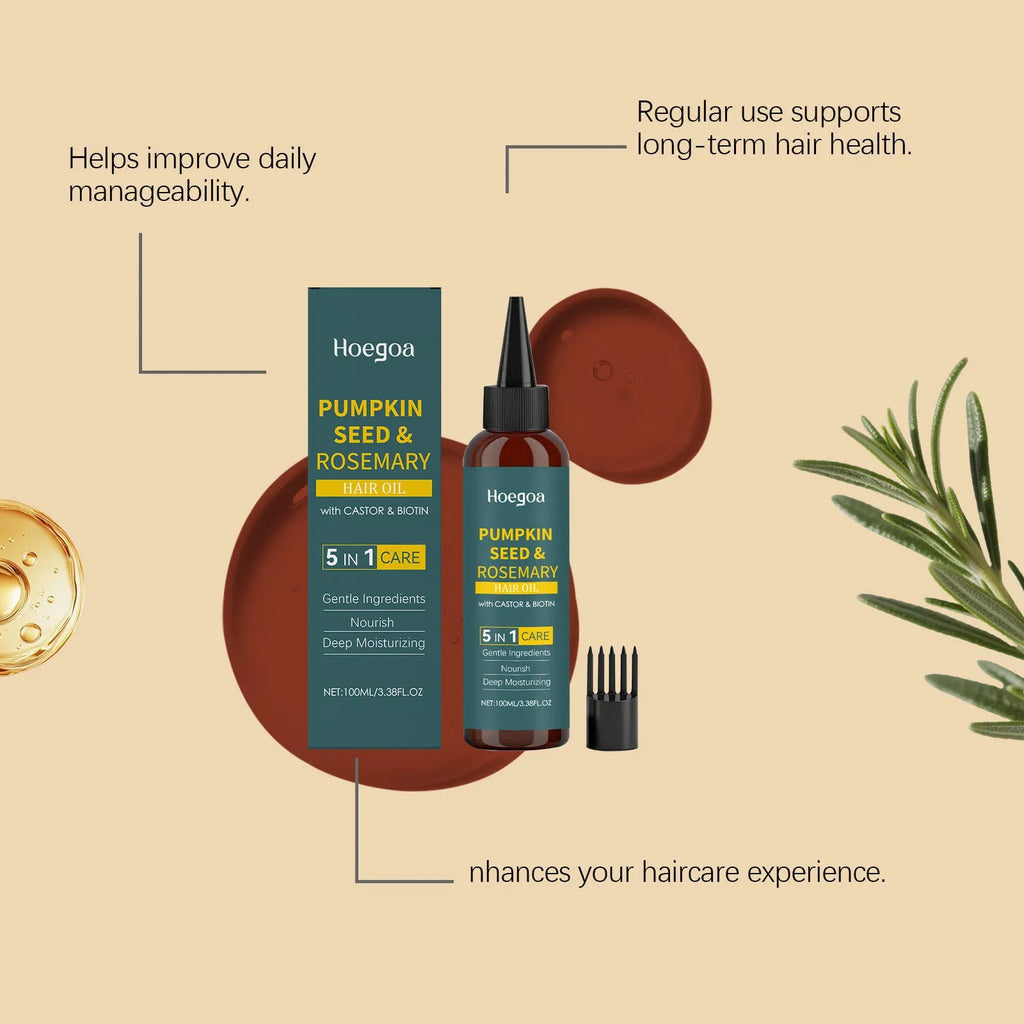 Rosemary hair essential oil 100 ml bottle with pointed applicator nozzle and black hair comb.