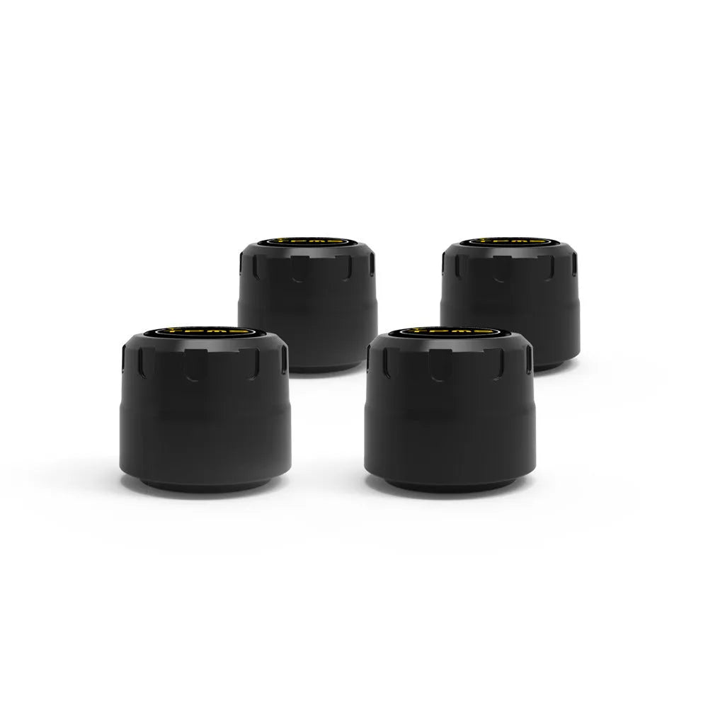 Black Bluetooth tire pressure monitoring system with four external sensors, wrench, and anti-theft screws