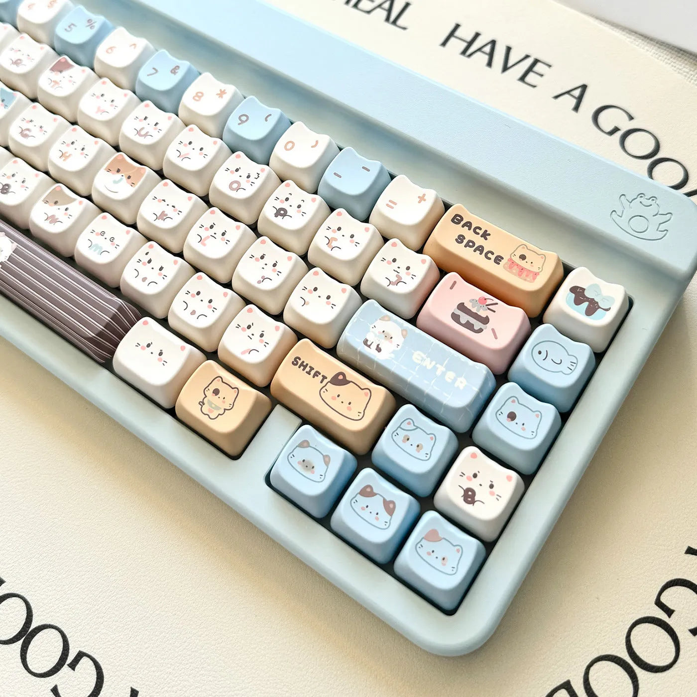 High Sea Salt Cat mechanical keyboard PBT keycap set showing pastel colour design and 7u spacebar