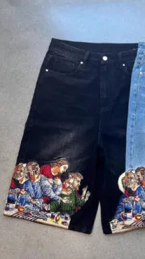 Men's blue cotton tapered shorts with Jesus print on back pocket