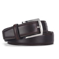 Men's classic black patent leather belt with a silver pin buckle on a flat surface.