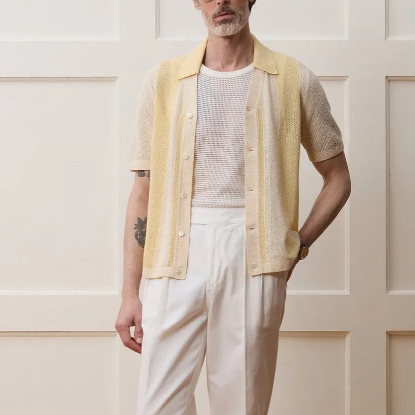 Yellow men's casual polo shirt with hollow-out pattern and asymmetric design in Tencel fabric