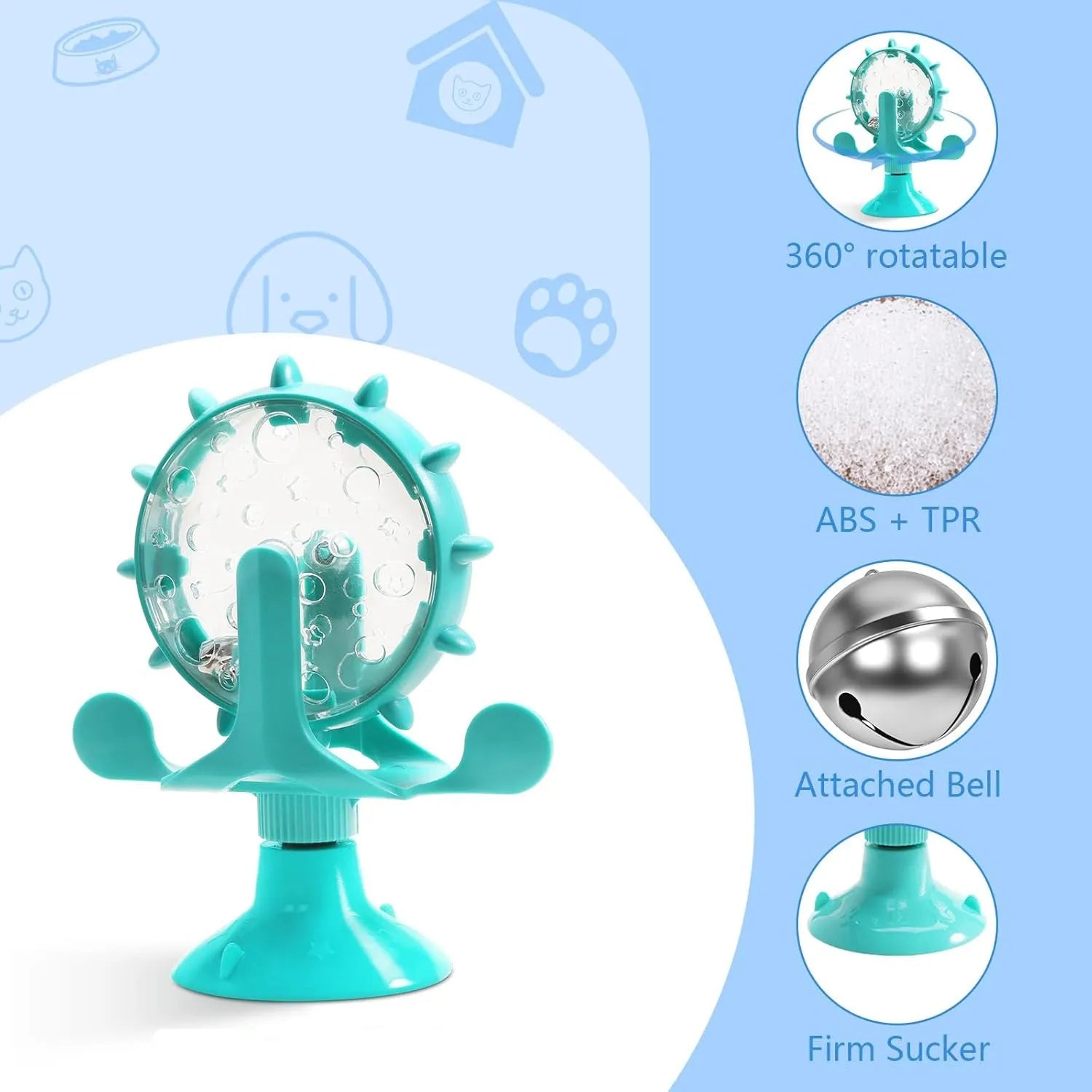 Blue interactive pet puzzle toy with spinner and suction cup base for cats and small dogs.