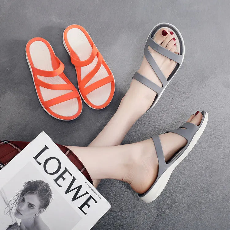 Women's solid colour casual sandals with a breathable PP upper in red, purple, blue, black, grey or pink.