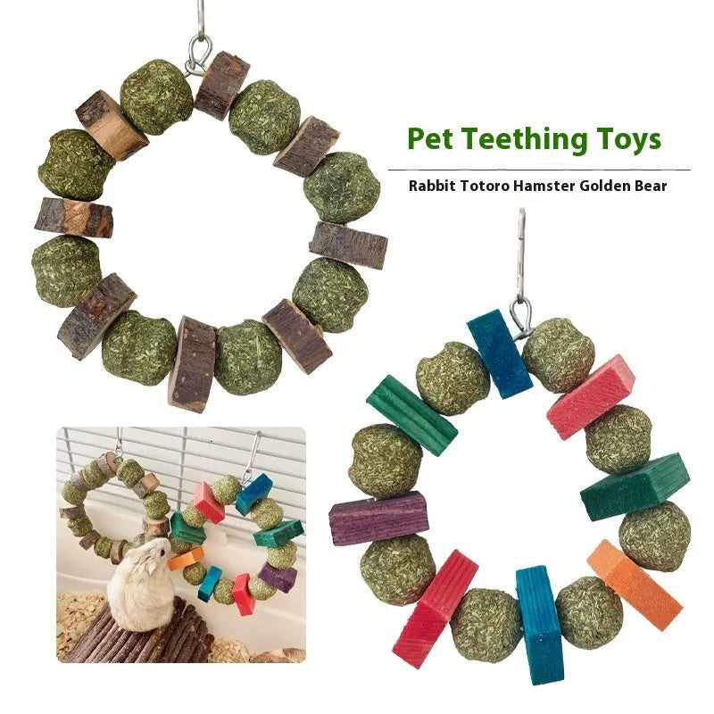 Hamster toy with applewood chew rod and decorative straw ball rings for small animal enrichment