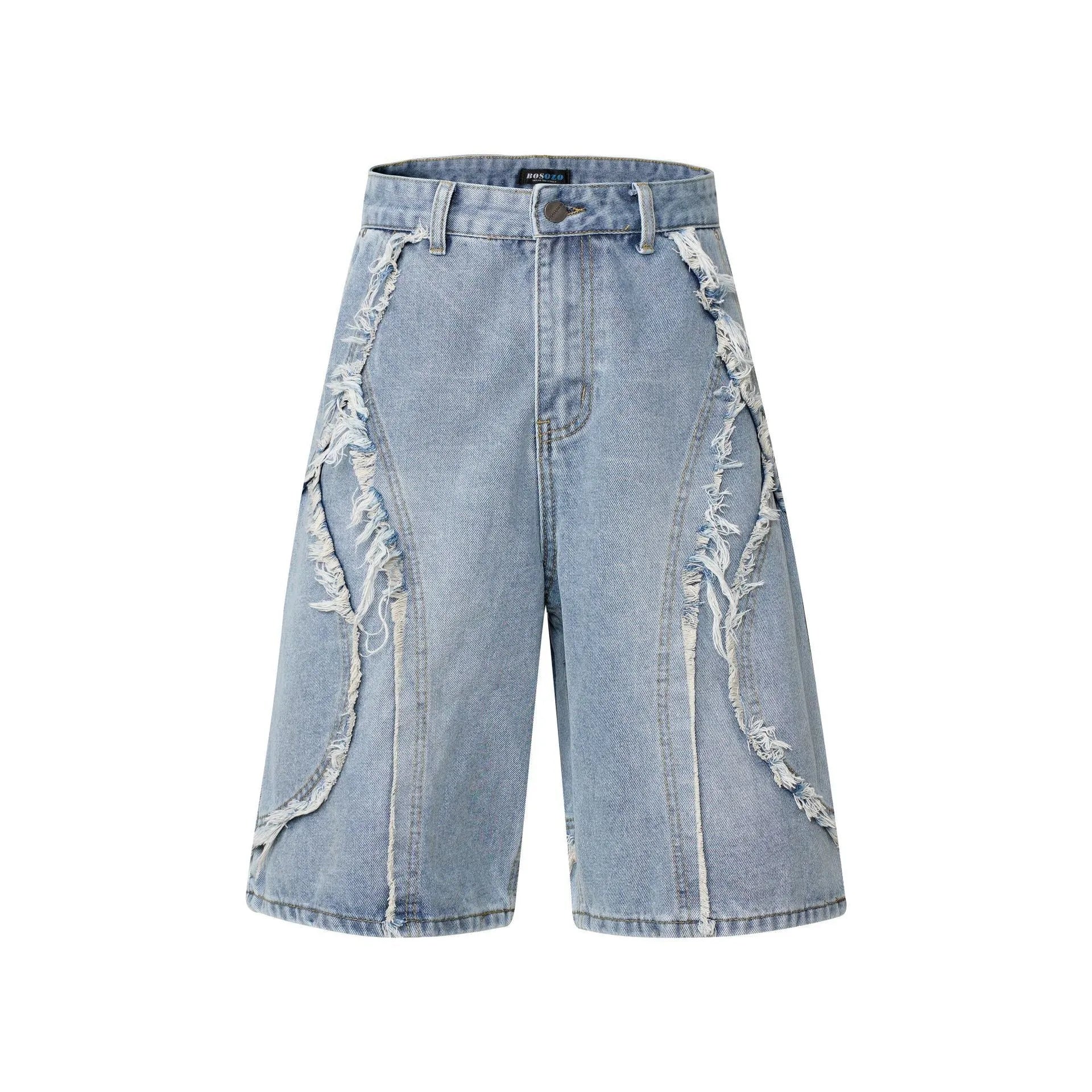 Straight cut denim shorts with raw edge distressing in black, shown on a model.