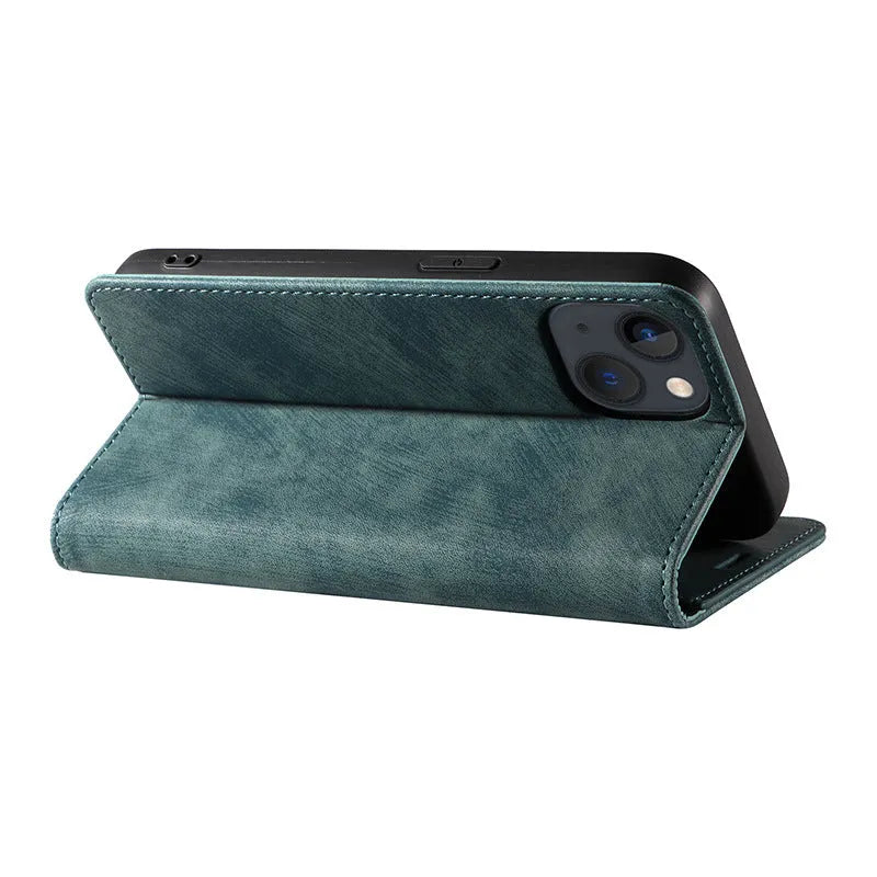 Magnetic flip iPhone case in black with TPU leather construction and magnetic closure flap