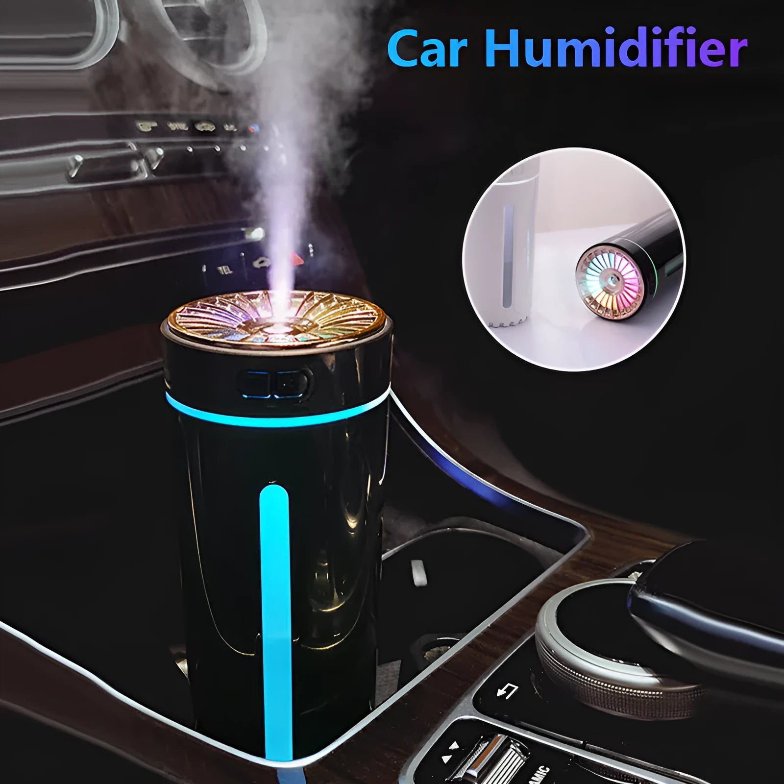 Black portable car humidifier with colourful LED lights on car cup holder showing mist output