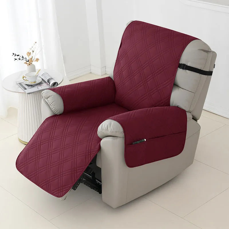 Chivas massage chair sofa cover in quilted burgundy fabric on a small single sofa
