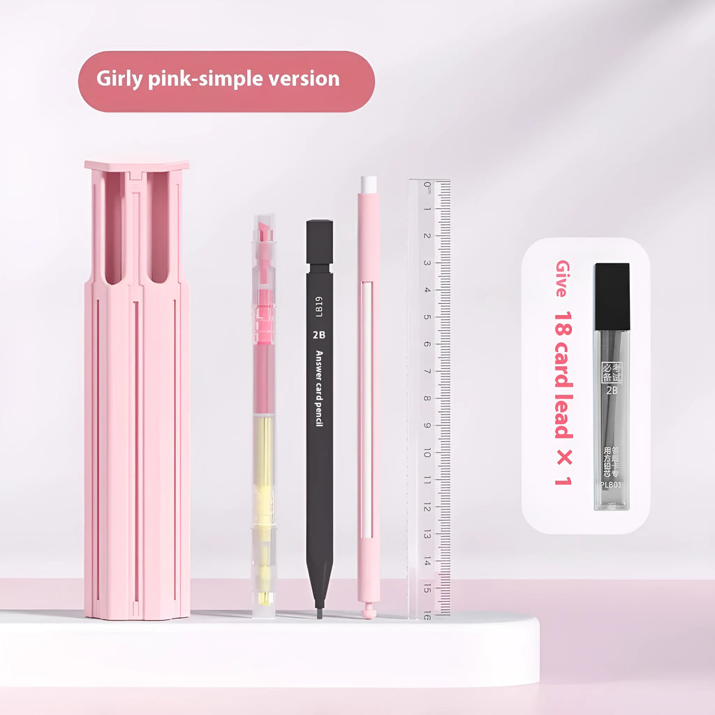 Plastic pressing pen pencil case kit in sky blue, white, or pink, showing six-pen simple and sixteen-pen suite versions