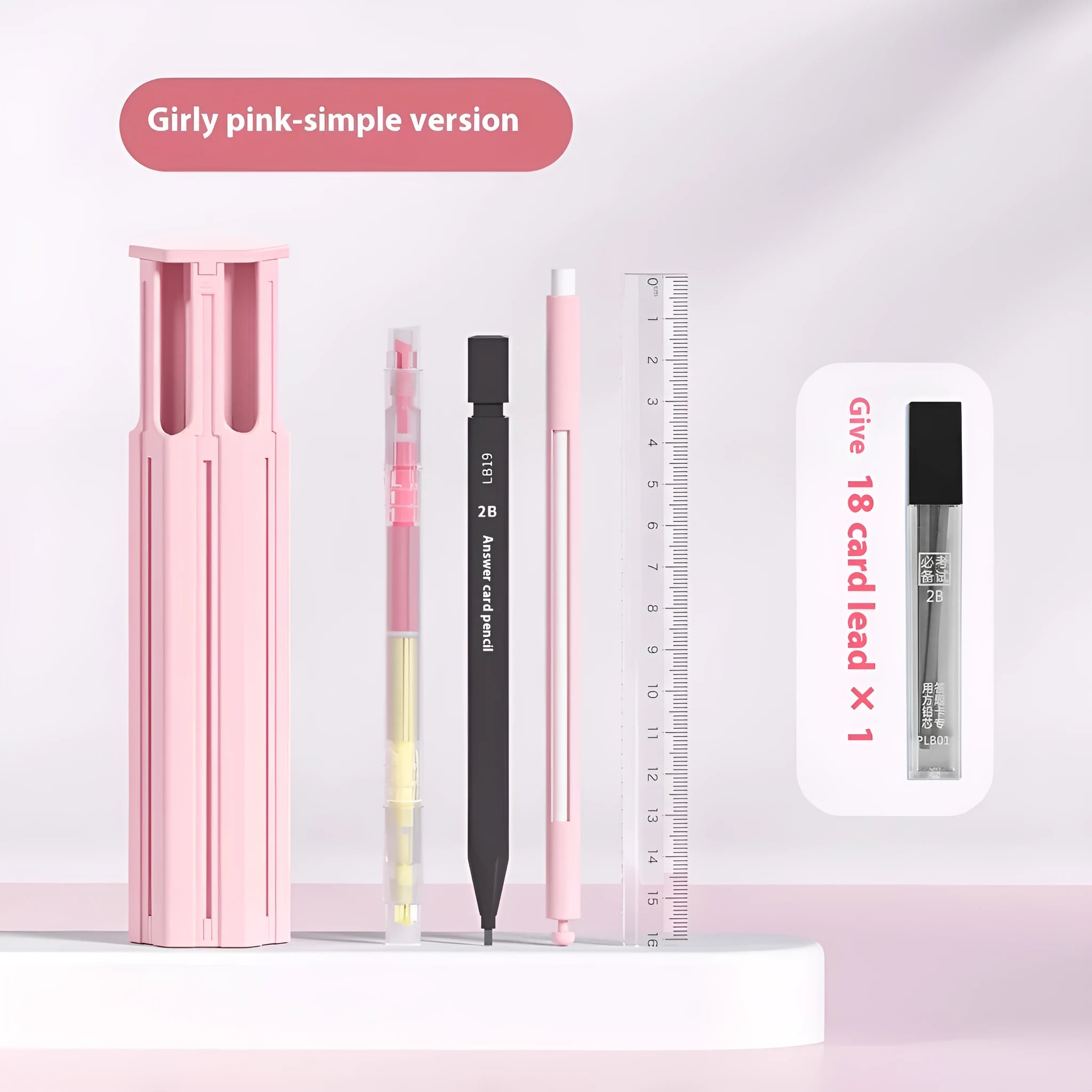 Plastic pressing pen pencil case kit in sky blue, white, or pink, showing six-pen simple and sixteen-pen suite versions
