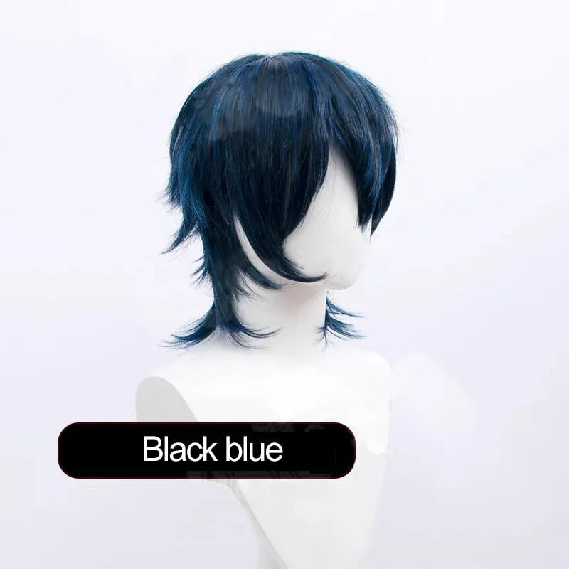 Short anime-style cosplay wig with a lengthened hair tail on a display stand.