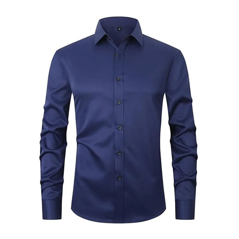 Men's stretch long sleeve work shirt in polyester fibre showing colour options and sizing details