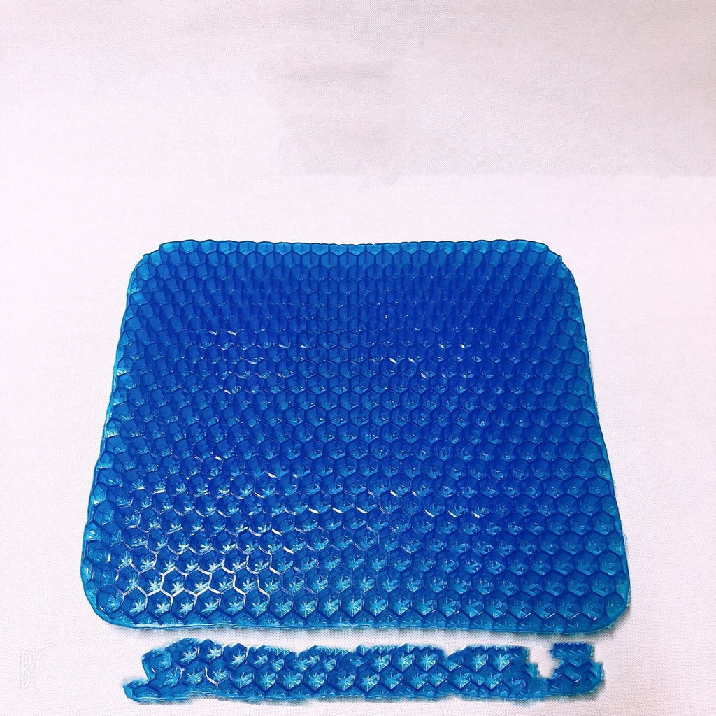 Gel seat cushion with honeycomb pattern showing removable PVC cover and anti-slip base