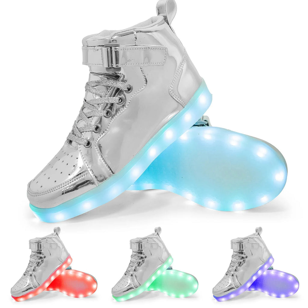 Rechargeable LED light-up high-top trainers in black with Velcro strap, glowing.