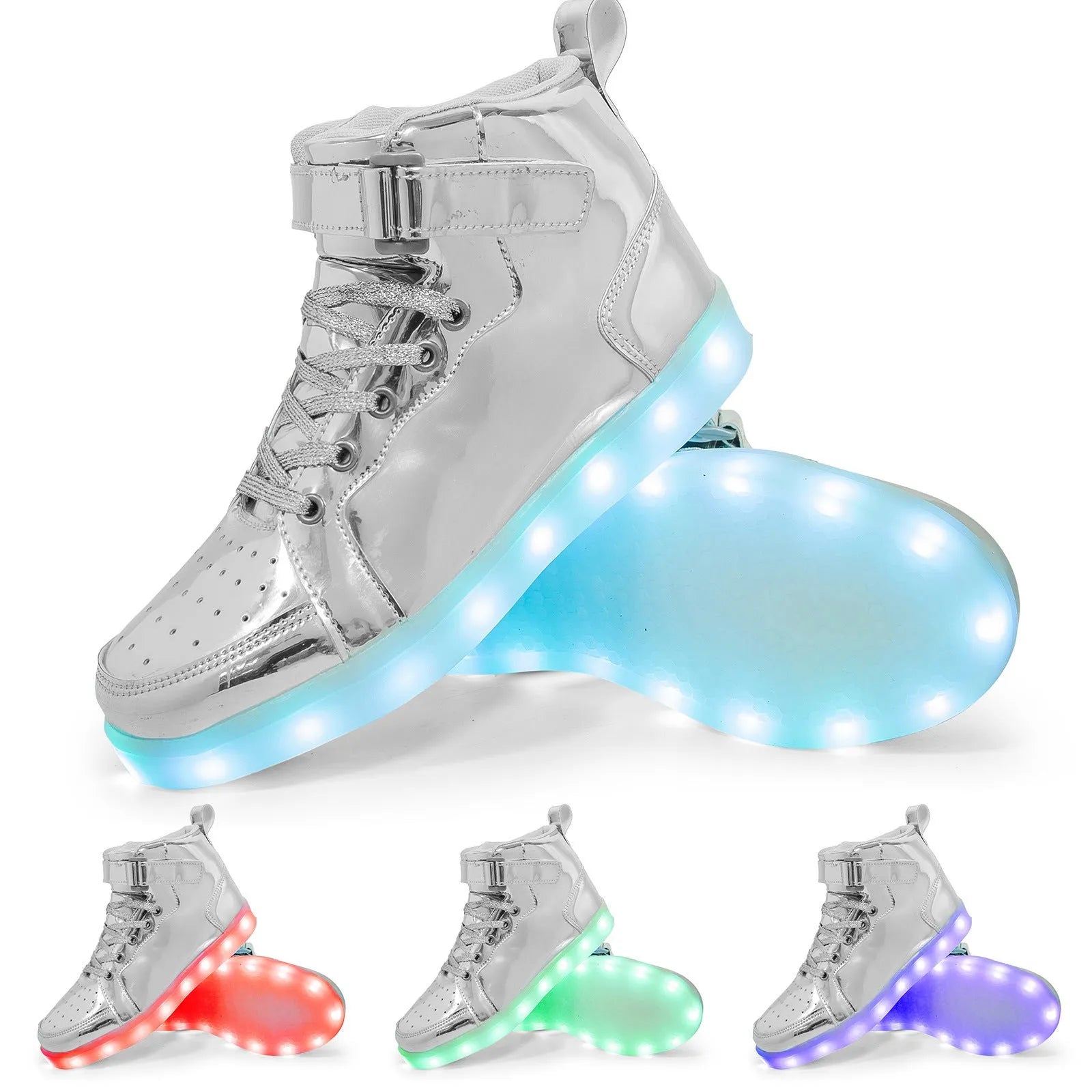 Rechargeable LED light-up high-top trainers in black with Velcro strap, glowing.