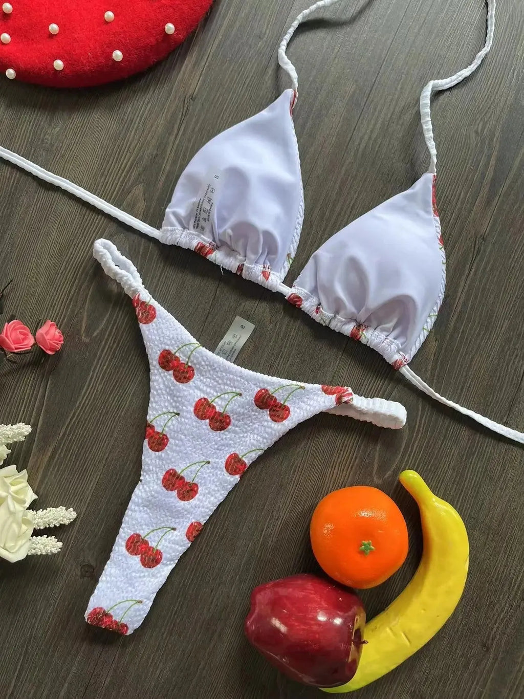 Women's printed beach bikini swimsuit with cotton lining on mannequin