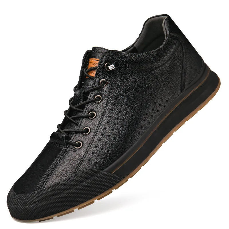 Men's white and black leather casual shoes with flat heel and round toe in multiple seasonal variations