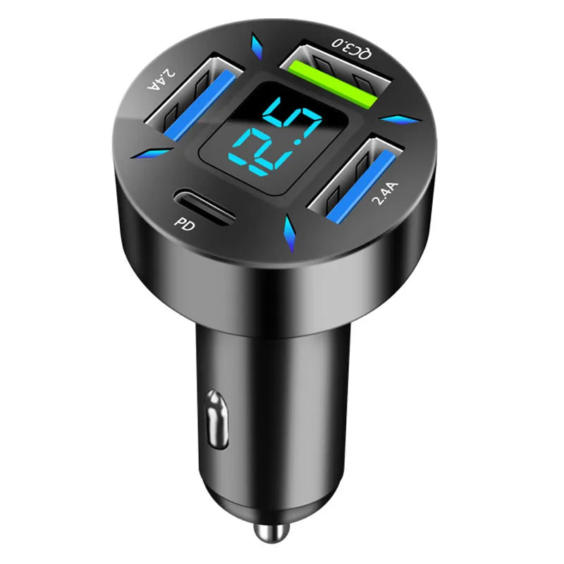 Black four-port USB car charger with LED digital display, compact design for vehicle use.