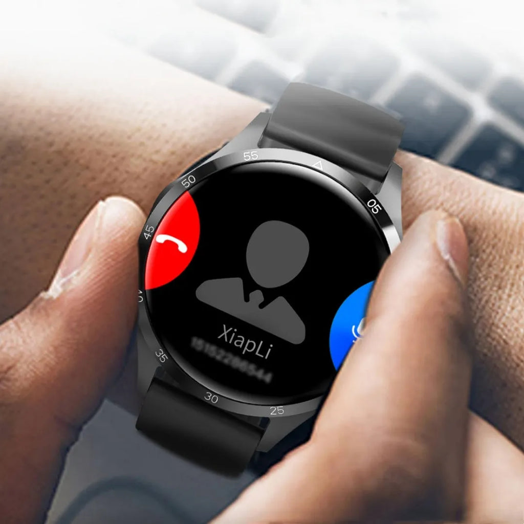 Black smartwatch with Bluetooth calling on wrist, showing health metrics on TFT screen