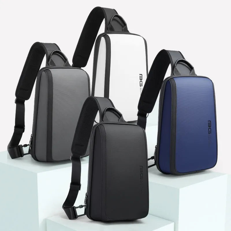Blue Oxford cloth chest bag for men showing double shoulder strap connectors and soft handle